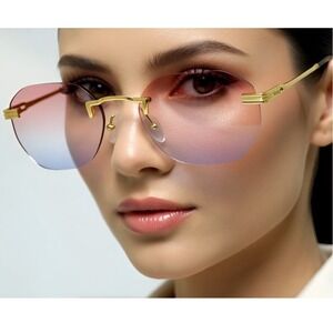 Rimless Sunglasses Octagon‎ Pink Blue Gradient Lens Gold Frame Fashion Lentes